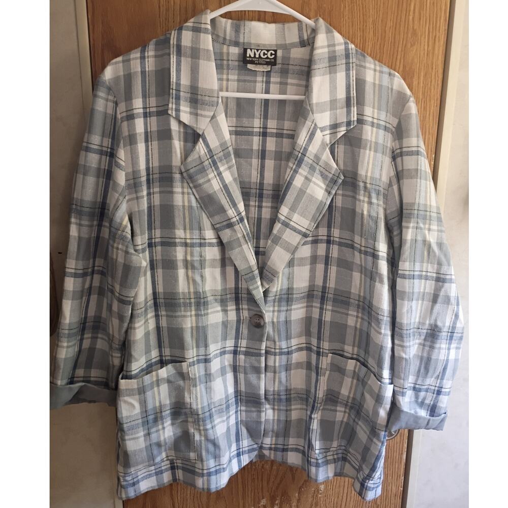 Vintage NYCC Gray Plaid Soft Blazer Jacket 12P Petite USA Made Slouchy Pockets